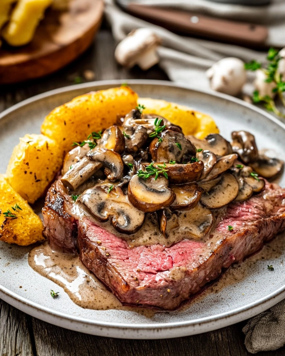 Pink Roasted Steak with Mushroom Sauce 