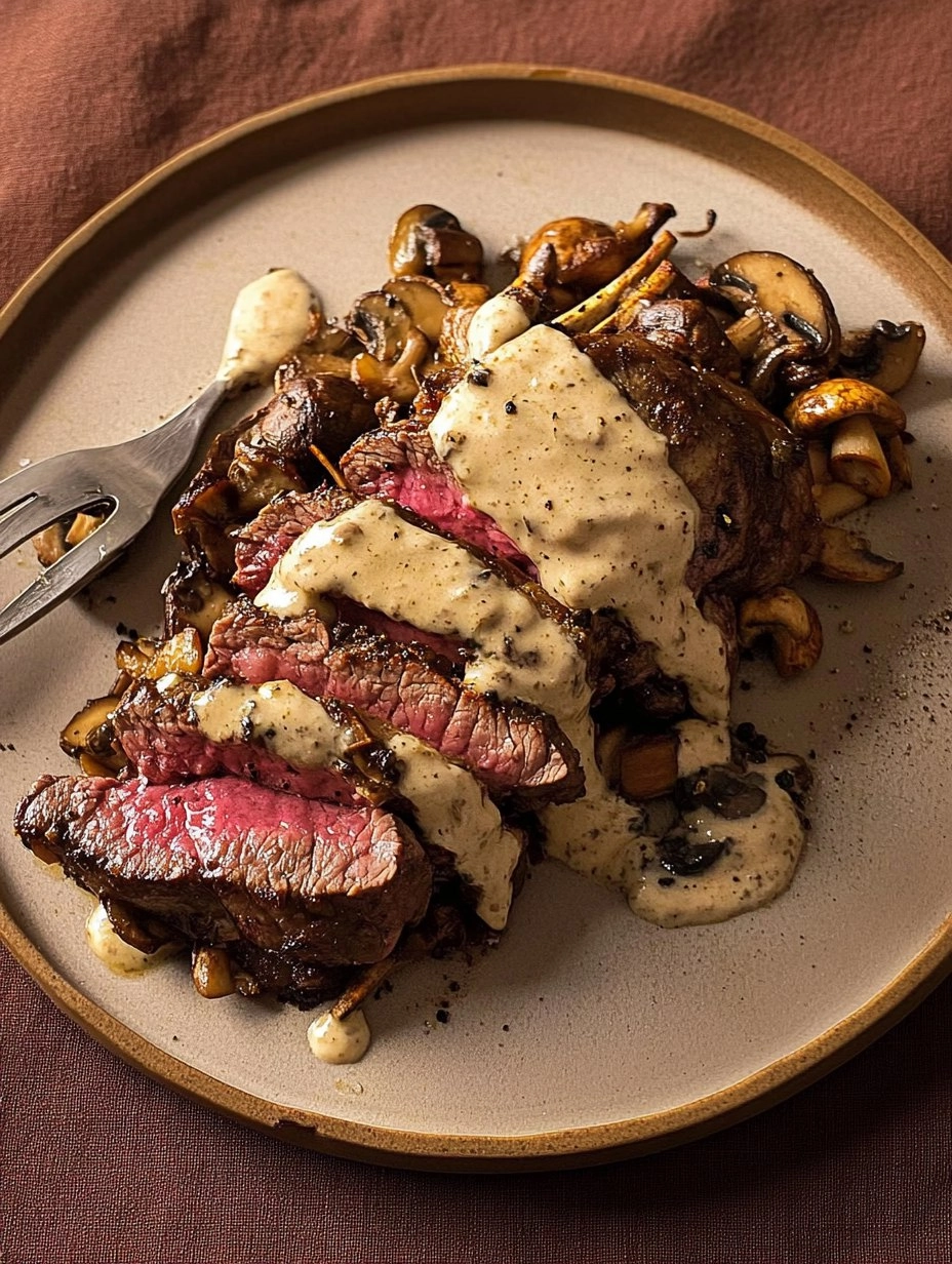 Pink Roasted Steak with Mushroom Sauce 