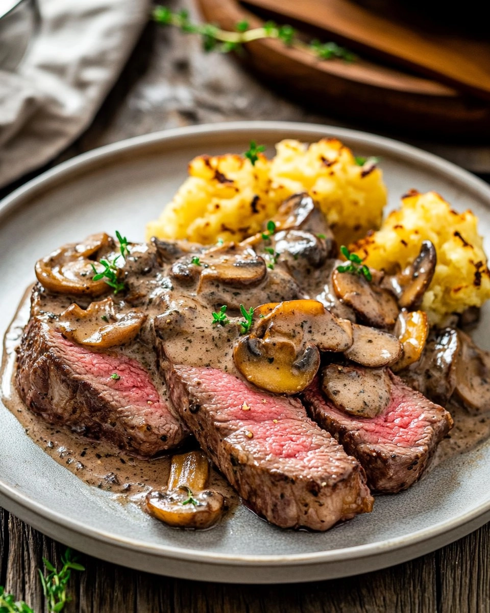 Pink Roasted Steak with Mushroom Sauce 