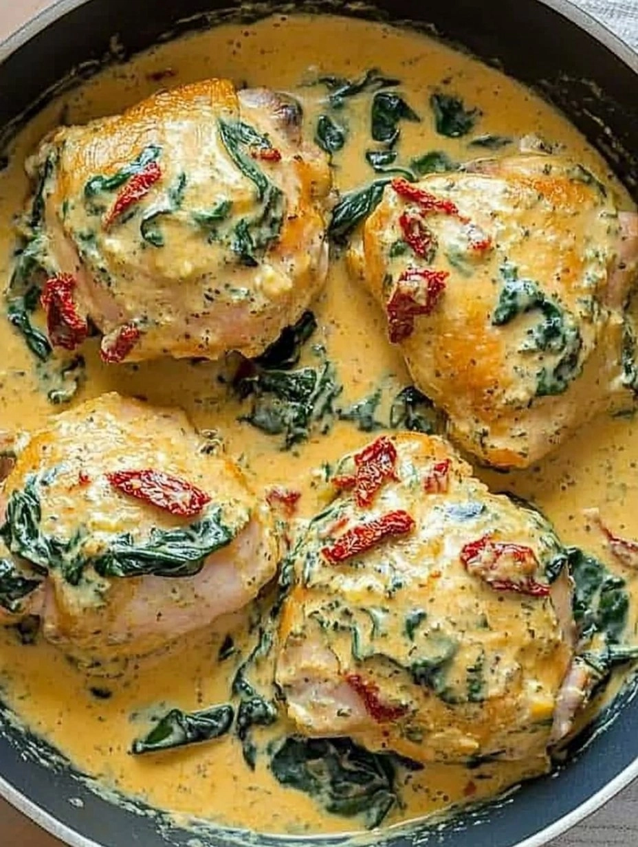 One-Pan Creamy Tuscan Chicken Thighs with Spinach & Sun-Dried Tomatoes