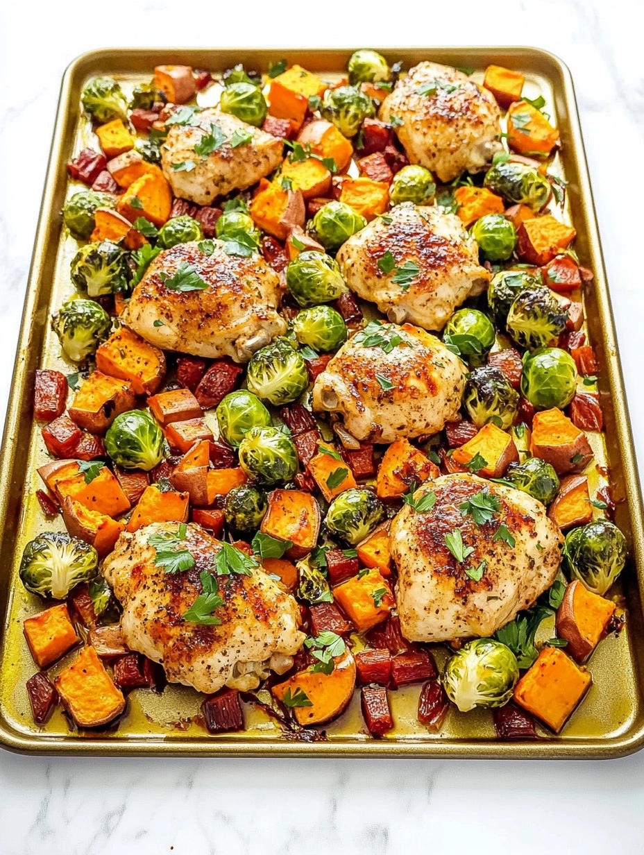 Sheet-Pan Maple Dijon Chicken with Brussels Sprouts & Sweet Potatoes