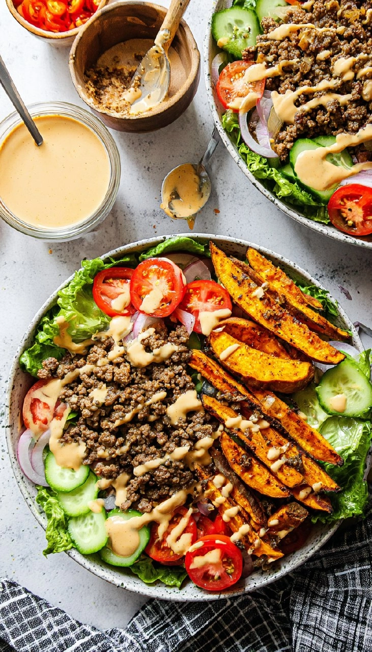Burger Bowls with Chipotle Ranch Sweet Potato Fries 115 Burger Bowls with Chipotle Ranch Sweet Potato Fries