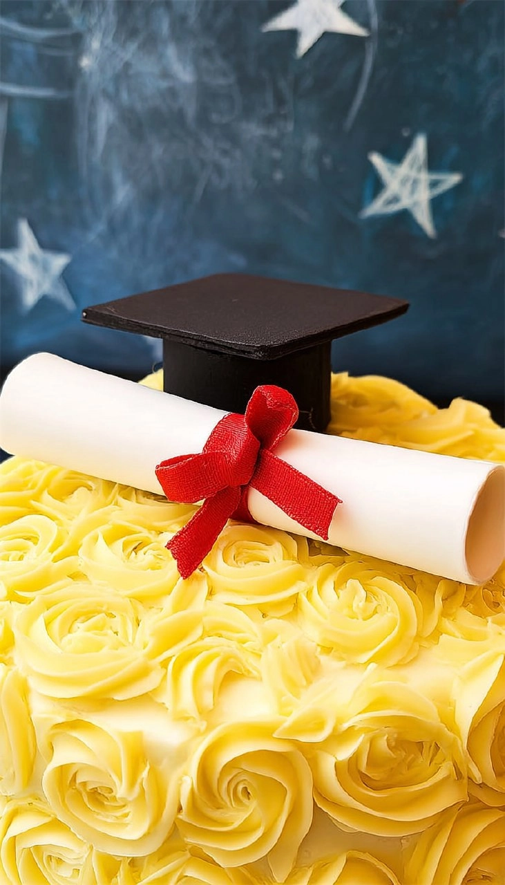 Elegant Graduation Cake with Fondant Cap Topper 110 Elegant Graduation Cake with Fondant Cap Topper