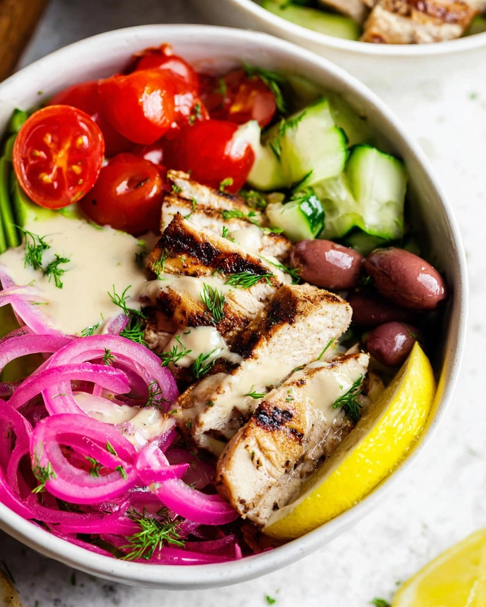 Greek Chicken Bowls with Lemon Garlic Tahini Sauce (Healthy Mediterranean Bowls)