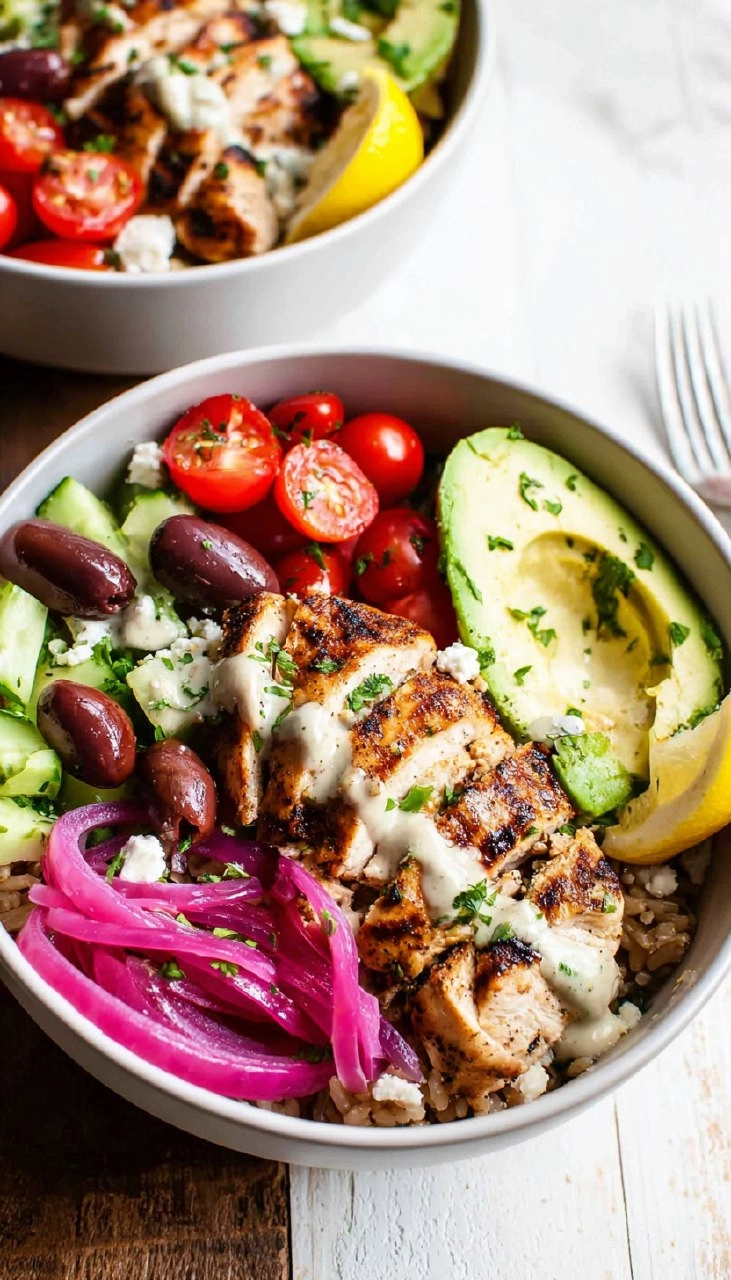 Greek Chicken Bowls with Lemon Garlic Tahini Sauce (Healthy Mediterranean Bowls)