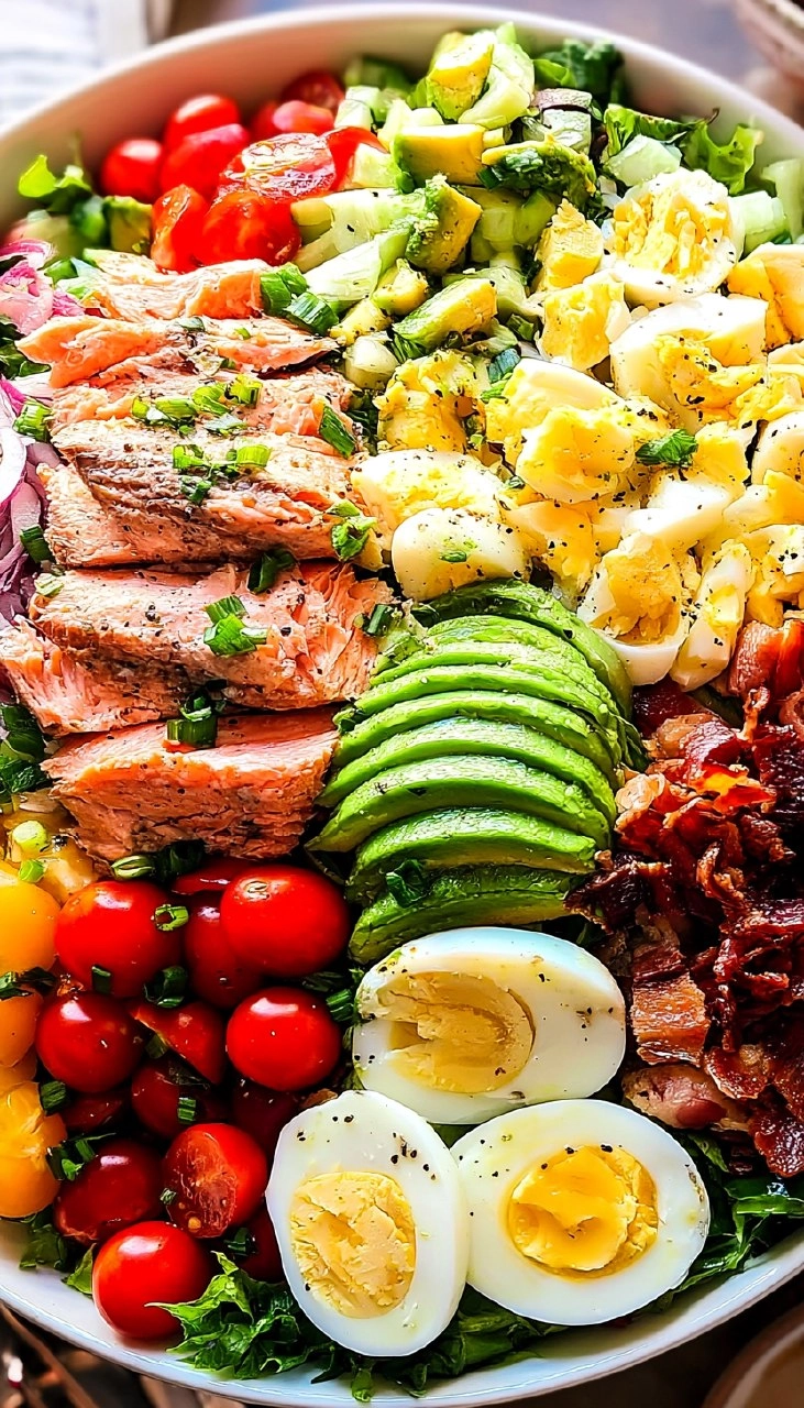 Salmon Cobb Salad with Avocado and Bacon (Whole30, Keto)
