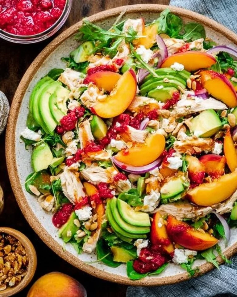 Chicken-Salad-with-Peaches-Avocado-Fresh-Raspberry-Dressing-Recipe