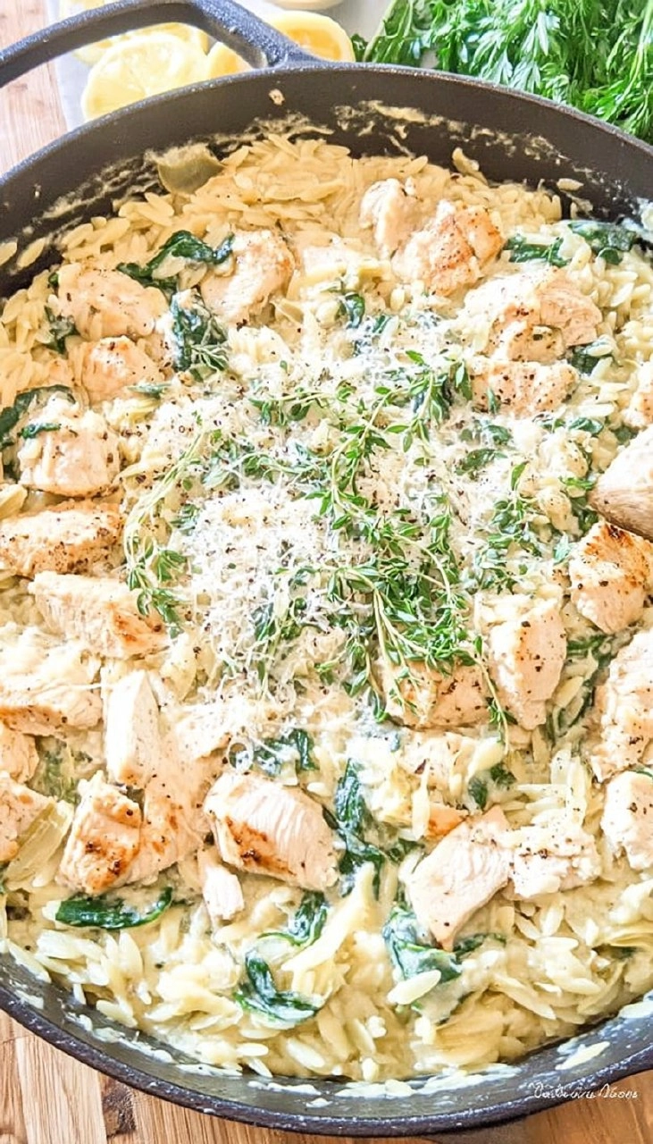 One Pot Spinach Artichoke Chicken Orzo