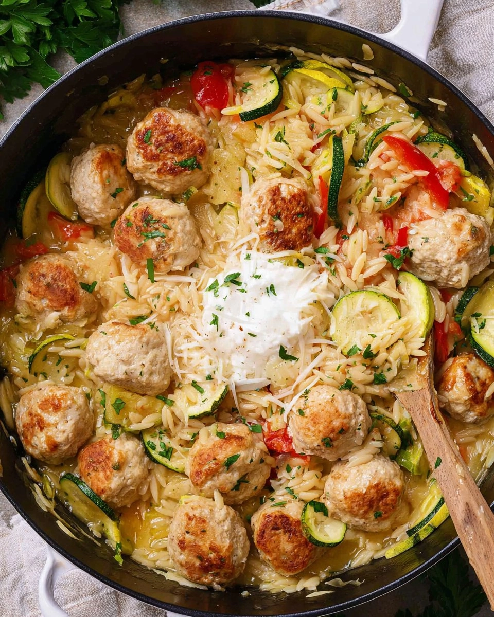 Summer Squash Orzo Skillet with Chicken Meatballs 124 Summer Squash Orzo Skillet with Chicken Meatballs