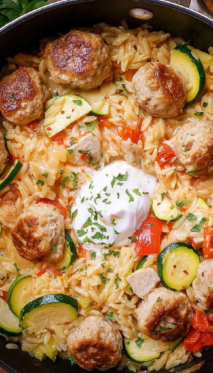 Summer Squash Orzo Skillet with Chicken Meatballs 125 Summer Squash Orzo Skillet with Chicken Meatballs